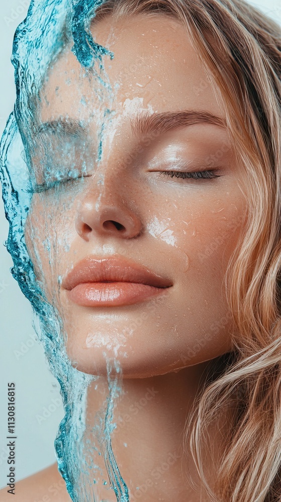 Naklejka premium Woman in a tranquil water moment with closed eyes.