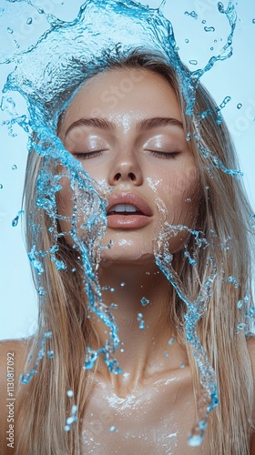 Tranquil woman with water cascading on peaceful face photo