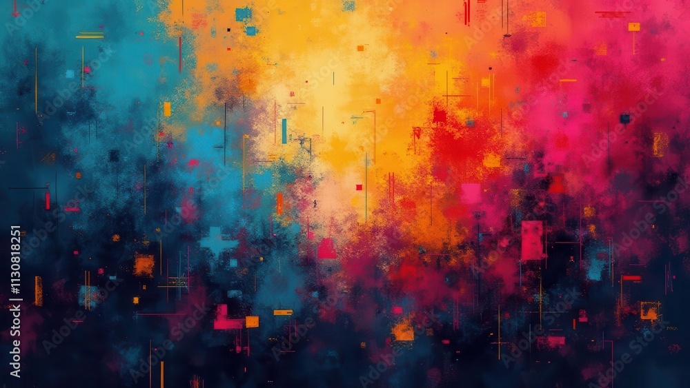 Naklejka premium Abstract grid distortions. Retro tech-themed background with pixelated patterns and glitch effects. Vibrant and colorful with a nostalgic feel.