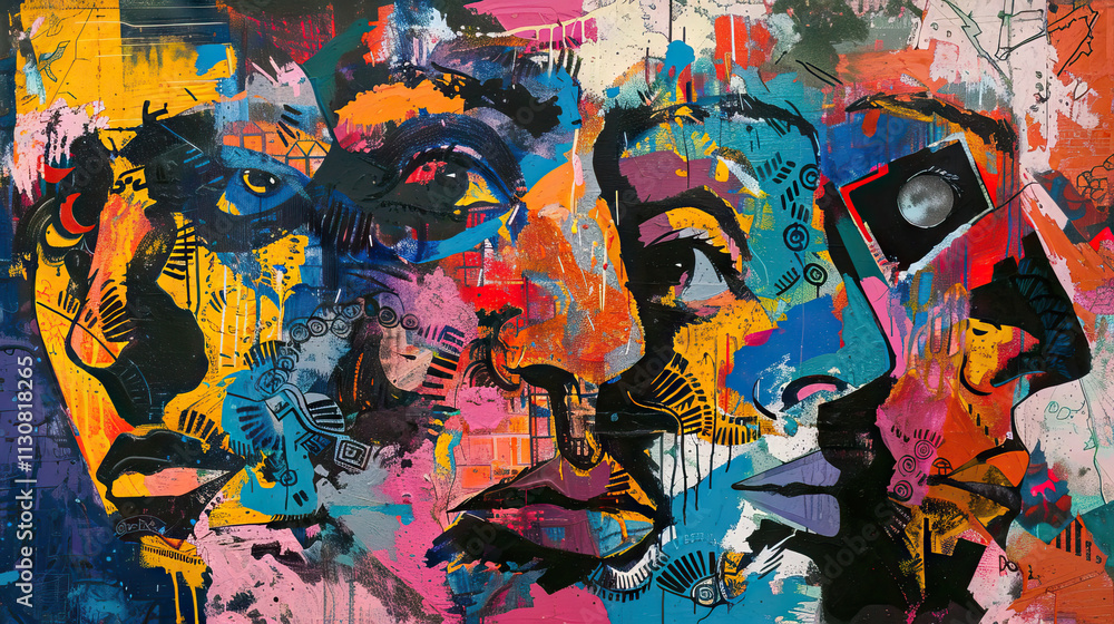 Obraz premium Abstract Composition of Fragmented Faces in Multicolored Layers