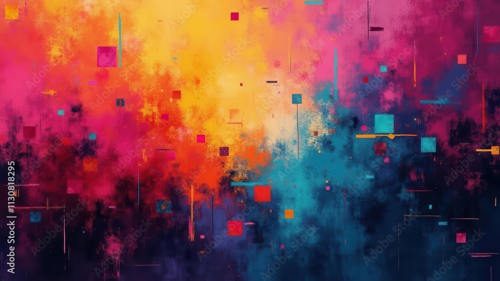 Naklejka premium Abstract grid distortions. Retro tech-themed background with pixelated patterns and glitch effects. Vibrant and colorful with a nostalgic feel.