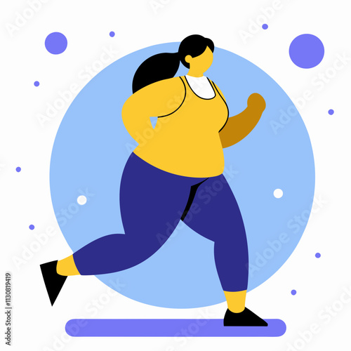 A plus-size woman jogging outdoors against the backdrop of nature, promoting body positivity, health and fitness.Vector color flat illustration for websites and blogs about sports and healthy lifestyl