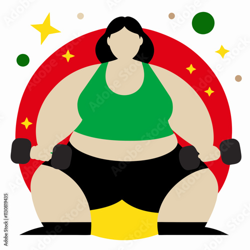 A confident plus-size woman lifting weights, symbolizing body positivity, strength and fitness.Vector color flat illustration with a girl with dumbbells