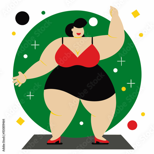 A self-confident plus-size woman dances joyfully surrounded by musical notes and colorful figures, celebrating body positivity and self-love.Vector flat illustration for internet projects about vitali