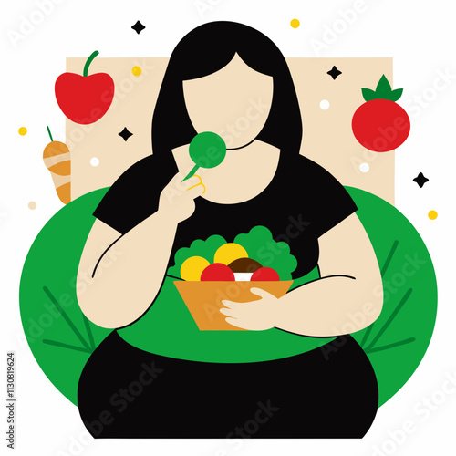 A plus-size woman enjoys a healthy salad, promoting body positivity, self-care and sensible eating.Vector flat color illustration for healthy lifestyle blogs and websites