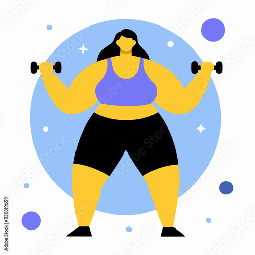 A confident plus-size woman lifting weights, symbolizing body positivity, strength and fitness.Vector color flat illustration with a girl with dumbbells