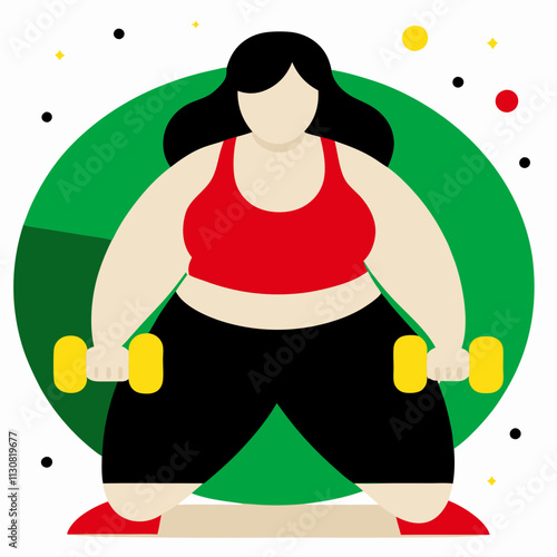 A confident plus-size woman lifting weights, symbolizing body positivity, strength and fitness.Vector color flat illustration with a girl with dumbbells
