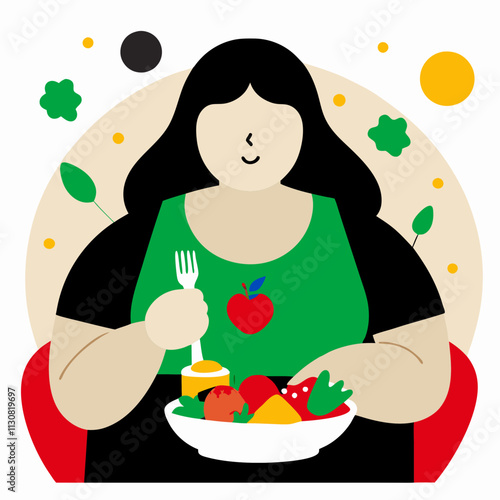A plus-size woman enjoys a healthy salad, promoting body positivity, self-care and sensible eating.Vector flat color illustration for healthy lifestyle blogs and websites