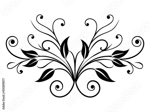 Abstract pattern, decorative element, clip art with stylized leaves, flowers, and curls in black lines on a white background. Corner ornament. flourish vector, icon, symbol, logo, clipart, isolated.