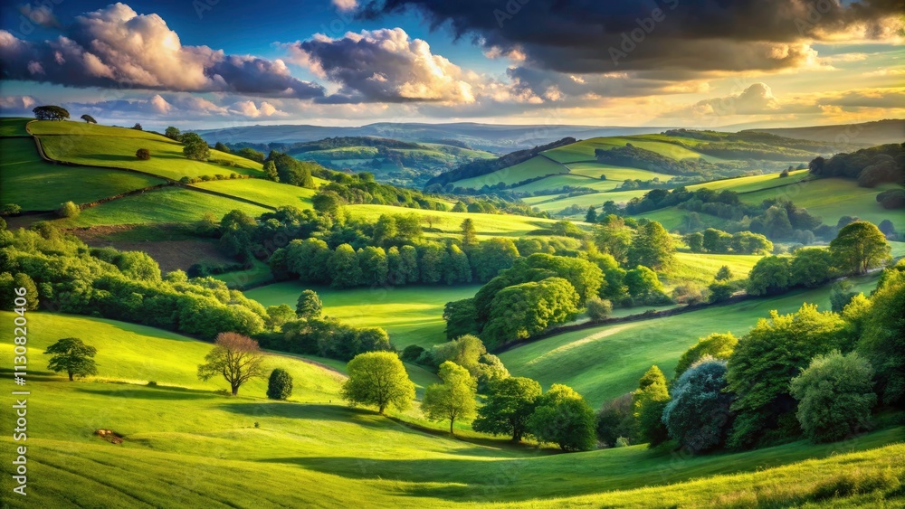 Obraz premium Summer Green Landscape Portrait Photography: Lush Nature, Vibrant Foliage, Scenic Beauty, Sunlit Hills, Serene Fields, Clear Blue Sky, Tranquil Outdoor