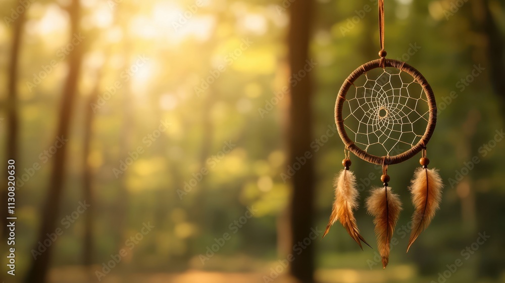 Obraz premium A beautifully crafted dreamcatcher hangs in a sunlit forest, symbolizing peace and protection, This image can be used for wellness, spirituality, and home decor themes,