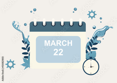 World water day calendar. March Calendar Design with Blue Floral Elements. Water management concept. Flat design vector illustration. Countdown for water conservation. Save earth water. 