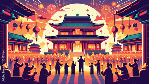 A majestic temple decorated for the Chinese New Year Lantern Festival, worshipers light incense, and fireworks light up the sky 