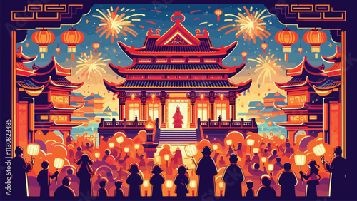 A majestic temple decorated for the Chinese New Year Lantern Festival, worshipers light incense, and fireworks light up the sky 