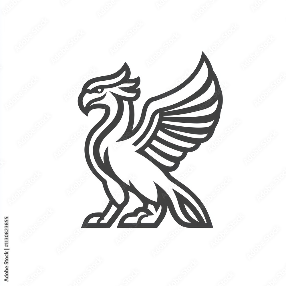 Obraz premium Gryphon illustration, line art, mythical creature, heraldic bird, logo design.
