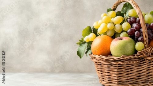 A beautifully arranged wicker basket filled with fresh fruits, including grapes, apples, and oranges, set against a soft, neutral background, Ideal for health, wellness, or culinary themes,