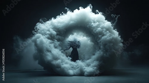 Woman spins enveloped by a glowing cloud vortex photo