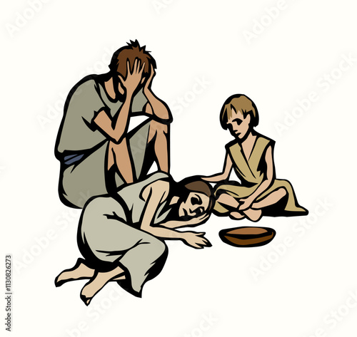 People suffering from hunger. Vector drawing
