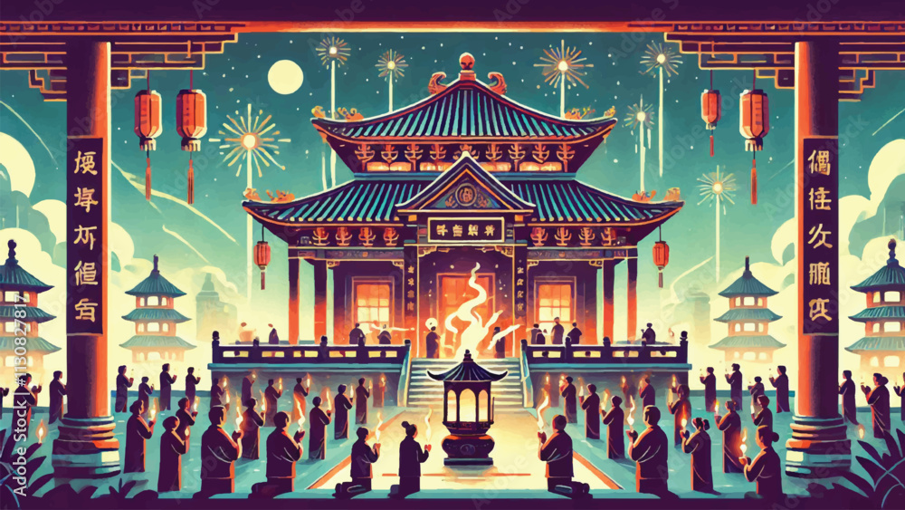 Fototapeta premium A majestic temple decorated for the Chinese New Year Lantern Festival, worshipers light incense, and fireworks light up the sky