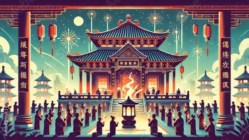 A majestic temple decorated for the Chinese New Year Lantern Festival, worshipers light incense, and fireworks light up the sky 