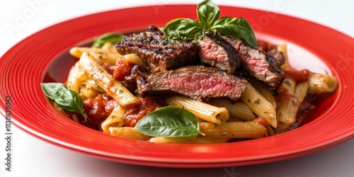 Italian food featuring pasta with a delicious tomato sauce, complemented by grilled sirloin beef, presented on a vibrant red plate against a clean white background, showcasing Italian food s culinary photo