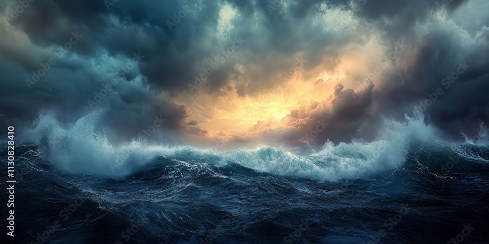 Obraz premium Morning storm on the sea creates a dramatic and powerful scene, showcasing the ferocity of nature and the captivating beauty of the storm on the sea during early hours.