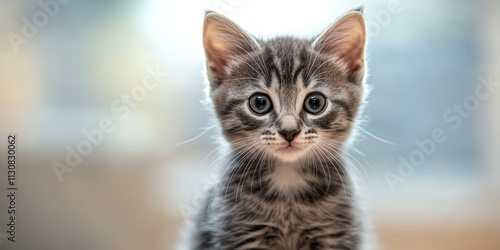 Closeup portrait of a curious and cute fat little gray tabby kitten, a purebred pussycat, sitting and relaxing alone while looking at the camera amidst a softly blurred background. photo