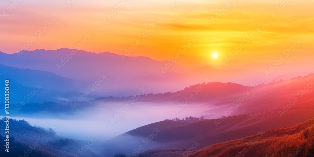 Obraz premium Vibrant sunset casts colors over the chilly, fog covered hills, creating a stunning view. This colorful sunset in the hills brings a serene beauty to the misty landscape, perfect for nature lovers.