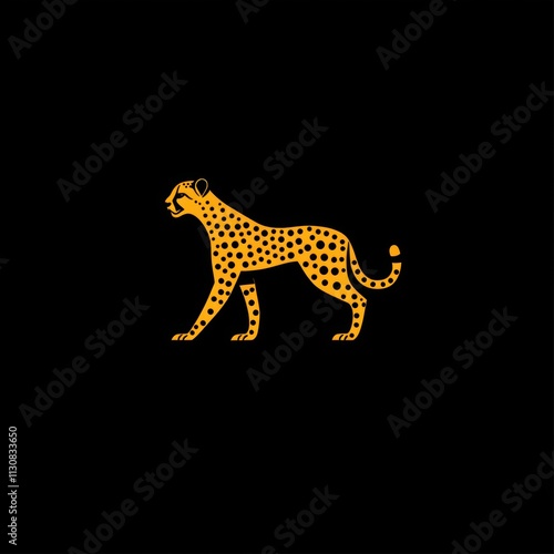 Side view of a stylized cheetah silhouette, presented in a bold orange-yellow color on a black background.  The cheetah's spots are clearly defined, conveying a sense of speed and wildness. . photo