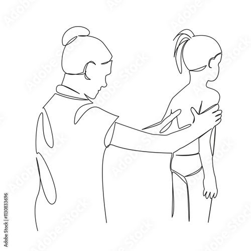 One continuous single drawing line art flat doodle osteopath corrects child's posture, surgeon examines back, doctor, treatment. Isolated image hand draw contour on a white background, hand drawn