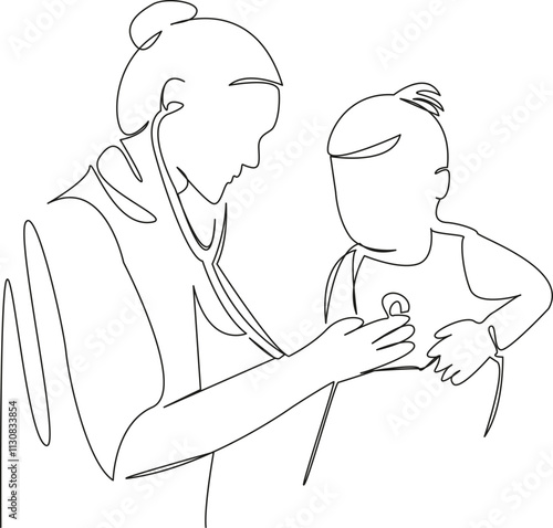 One continuous single drawing line art flat doodle child, doctor, listening, patient, stethoscope, person, indoor, care, hospital, female. Isolated image hand draw contour on a white background, hand 