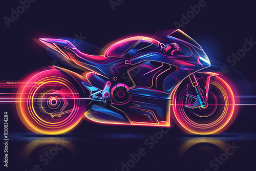 A vibrant line art of a sleek motorbike with neon colors, glowing against a dark background. photo