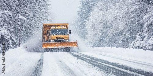 Snow plough truck efficiently clears the road following a heavy winter snowstorm, ensuring vehicle access is restored after the whiteout blizzard conditions caused by the snowstorm. photo