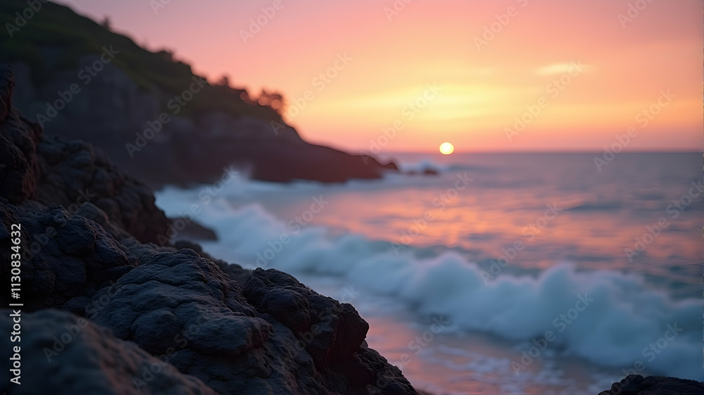Obraz premium Serene sunset paints the ocean waves in hues of pink and orange, as dark rocks stand in the foreground, creating a breathtaking view.