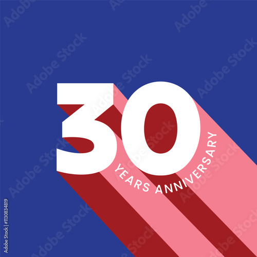 30 years anniversary template design with 3d text effect on blue background. 30th birthday celebrating greeting card, poster, banner. Number 30 logo, sticker, label, tag, badge. Thirty years old