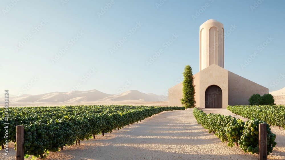 Naklejka premium climate change weather mitigation concept, A serene vineyard landscape with a modern building, surrounded by rows of grapevines and a clear blue sky.
