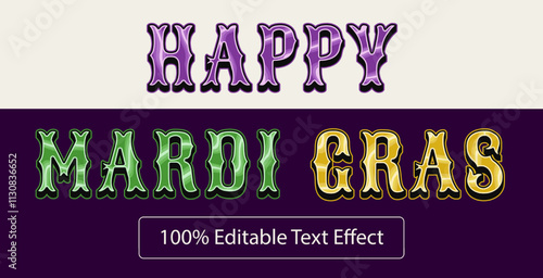Editable text effect. Volumetric glossy letters with outline. Mardi Gras decoration. Vintage typography graphic style.