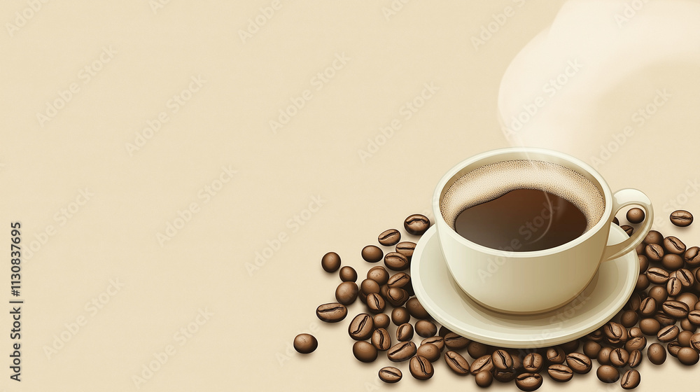 Fototapeta premium Coffee Perfection Steaming Cup with Elegant Bean Layout