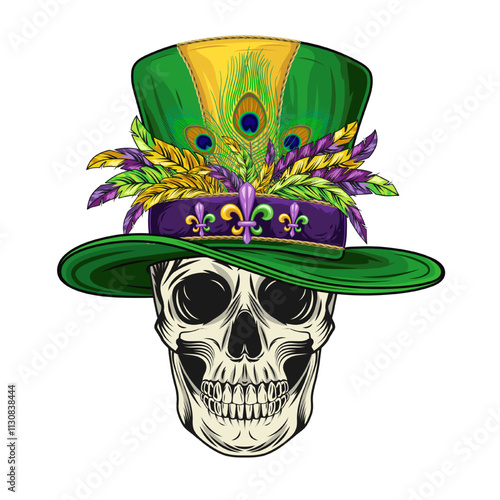 Human skull with green tall cylinder hat with bunch of colorful feathers. Mardi Gras themed detailed illustration in vintage style.