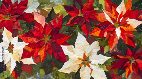 A vibrant collage of red and white poinsettia flowers against a green backdrop.