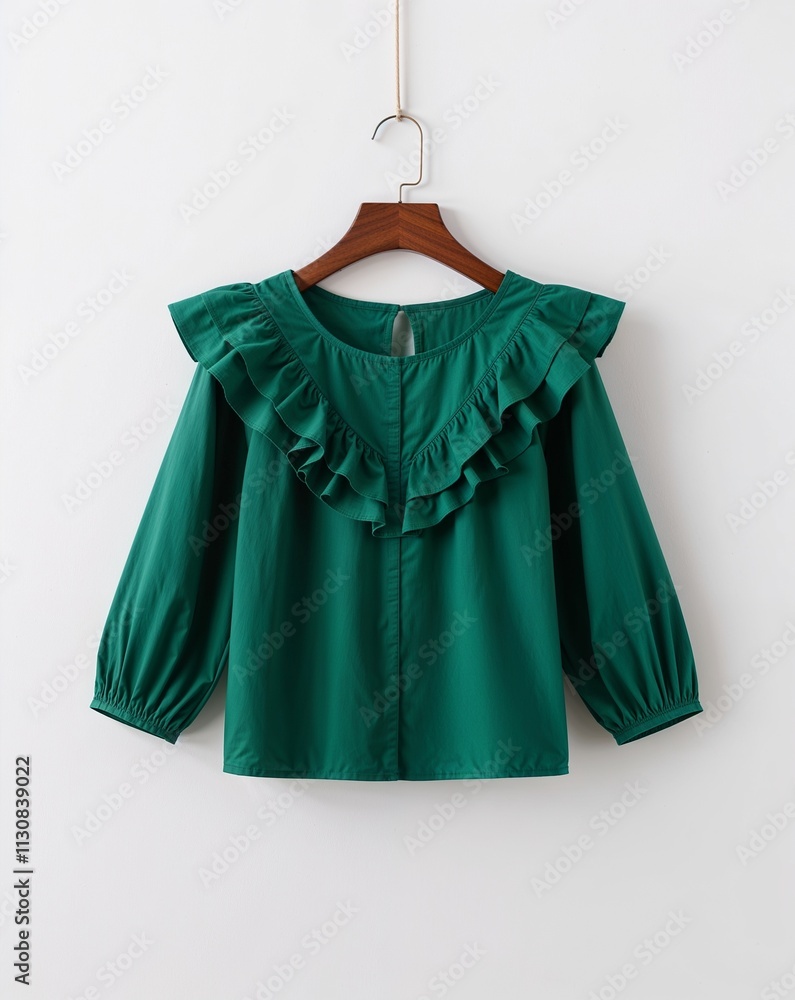 custom made wallpaper toronto digitalA green cotton blouse with ruffles display on plain white background	