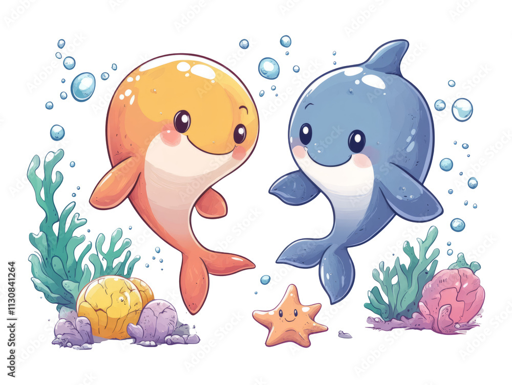 Obraz premium Colorful Cartoon Fish and Starfish on Transparent Background