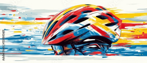 Colorful bicycle helmet with abstract paint strokes captures the spirit of cycling in a lively and energetic style, appealing to outdoor sports lovers photo