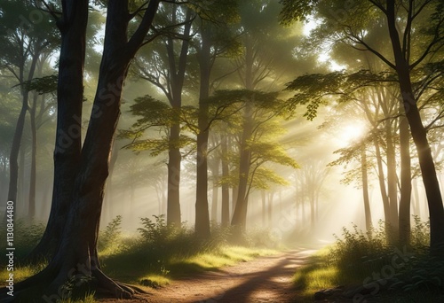 Gentle rays of sunlight filtering through trees, filtered light, tree foliage, sunlight photo