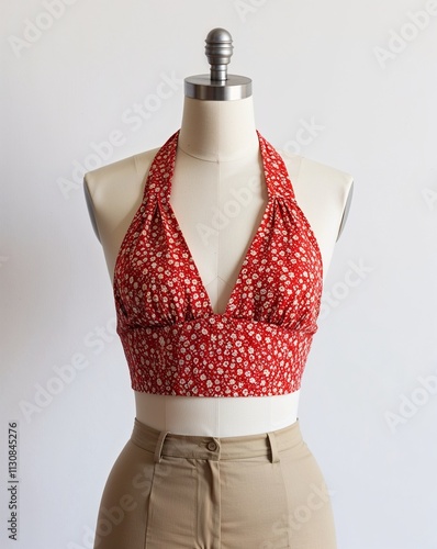 A red floral cotton halter top display on plain white background	
