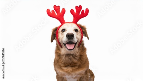 Generated imageHappy dog wearing red reindeer antlers sitting on a white background. PNG transparent photo