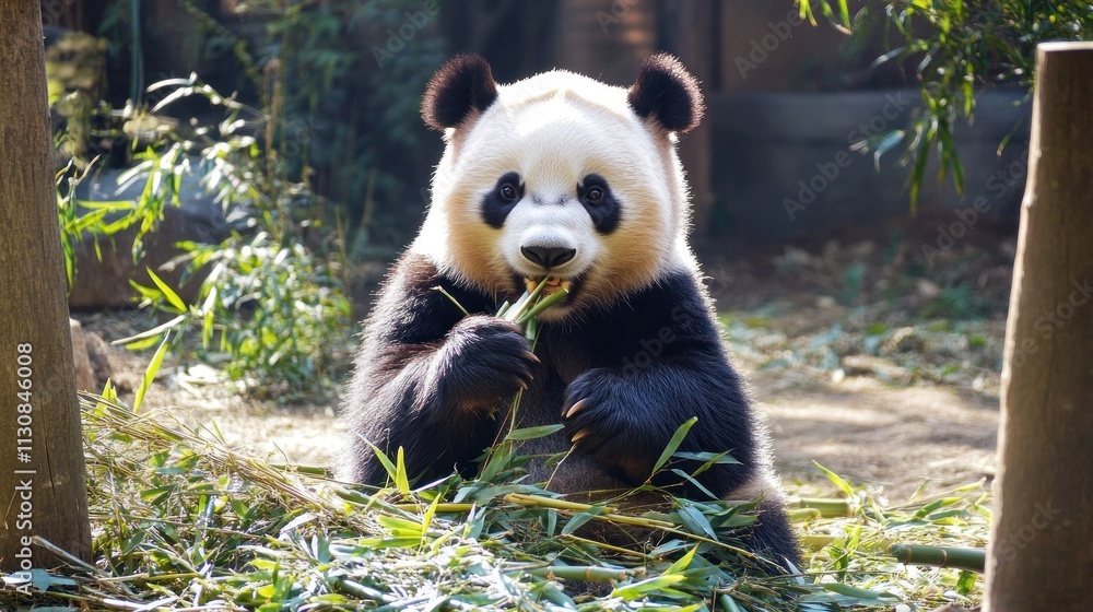 Obraz premium Panda Eating Bamboo in a Lush Green Setting