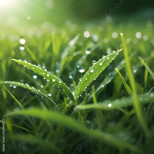 Green grass adorned with sparkling dew drops, illuminated by the soft morning light.