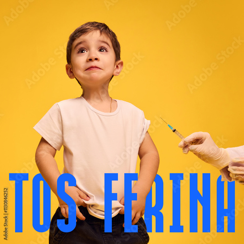 Boy preparing to receive pertussis vaccine. Conceptual design. Spanish word tos ferina meaning pertussis disease, whooping cough. Concept of medicine, illness treatment, vaccination, health photo