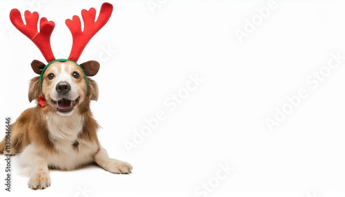 Generated imageHappy dog wearing red reindeer antlers sitting on a white background. PNG transparent photo